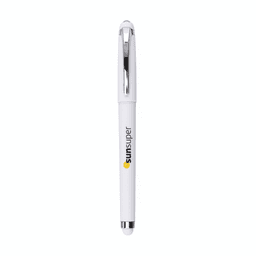 A white gel pen with a shiny silver clip and a logo on the barrel.