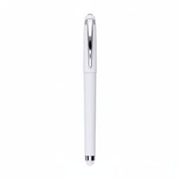 A white gel pen with a shiny chrome clip and tip, featuring a logo on its body.