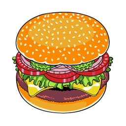 A cartoon illustration of a hamburger featuring a sesame seed bun, lettuce, tomato, onion, and cheese.