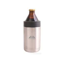 A stainless steel stubby holder in silver with a black rubber top, holding a brown glass bottle.