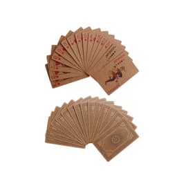 Kraft paper playing cards in brown with red and black designs, featuring various playing card suits and a joker.