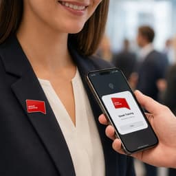 A woman in a suit with a red pin badge, while a hand holds a phone near the badge to connect.