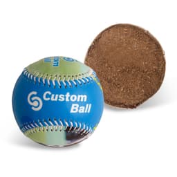 A promotional baseball in blue and green with stitching, featuring a logo, and a brown bottom side.