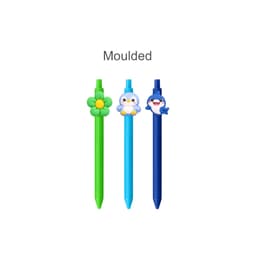 Three custom PVC pens in green, blue, and light blue, featuring playful characters on top, including a flower and animals.