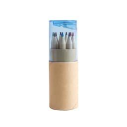 A container holding a set of recycled coloured pencils in various colours, featuring a clear blue cap.