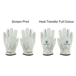 Three pairs of light grey leather work gloves displayed, featuring two different types of printing designs and a logo.