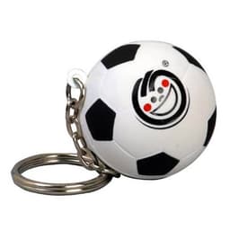 A keyring featuring a black and white football stress reliever, attached to a metal chain. It includes a logo.