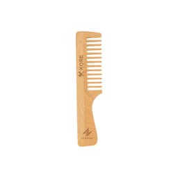 A wide-tooth beech wood comb in a light wood colour features a smooth finish and a logo.