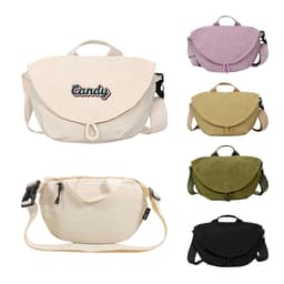 A collection of casual crossbody bags in various colours, including cream, lavender, olive, and black, featuring a logo.