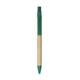 A green-tipped pen with a kraft paper barrel, featuring a branding logo on the side.