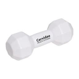 A white dumbbell-shaped stress reliever with rounded ends and a logo in the centre.