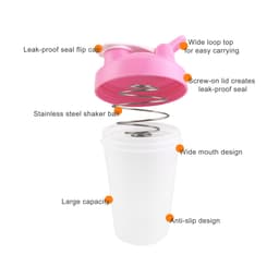 A drink bottle in pink and white with stainless steel shaker ball and leak-proof flip cap, featuring a wide mouth and anti-slip design.