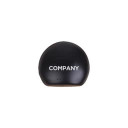 A black charging case for luxury round true wireless earbuds with a logo on the front.