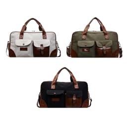 A vintage canvas duffle bag collection featuring grey, olive, and black colours with brown leather accents and pockets.