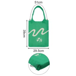 A green knitted shoulder bag with a wave design, featuring a zippered pocket at the base and dimensions provided.