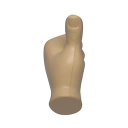 A beige fist-shaped stress reliever with a thumbs-up gesture, featuring a smooth surface and a rounded base.