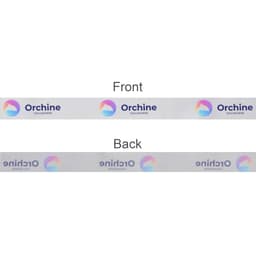 A satin polyester ribbon featuring a front and back design, predominantly in white with printed logos and colours.