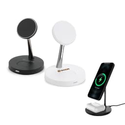 A 2-in-1 wireless charger in black and white, featuring a stand for a phone and an additional space for earbuds.