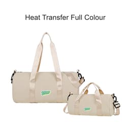 A beige bucket duffle bag with wide straps, featuring a logo and a removable shoulder strap.