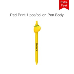 A yellow pen with a fruit-shaped top and a logo on the body.