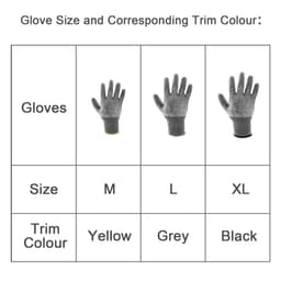 Cut-resistant PU gloves in grey with yellow and black trim options, displayed in three sizes: M, L, and XL.
