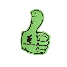 A green foam mitt shaped like a thumbs-up is displayed, featuring a logo on the palm.