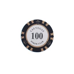 A round poker chip featuring black and gold design elements with a central white circle and a logo.
