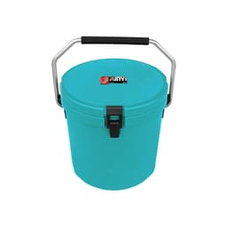 A turquoise 12L ice bucket with a handle and a secure lid, featuring a logo on the front.