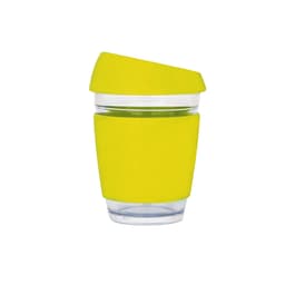 A reusable glass coffee cup in bright yellow, featuring a silicone sleeve and an angled lid, with a logo.