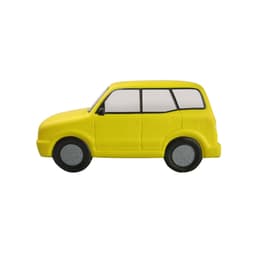 A yellow minibus-shaped stress reliever with grey wheels, featuring a simplistic design and a solid colour finish.