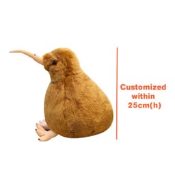 A brown plush toy shaped like a kiwi bird with a long beak, featuring a logo on its side.