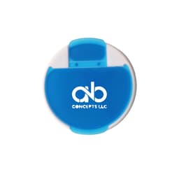 A round pill box in white and blue with a flip-top lid and a logo on the front.
