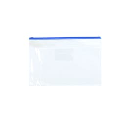 A transparent A4 file bag with a blue zip closure, suitable for storing documents. It features a logo.
