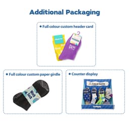 A display featuring various packaged socks, including vibrant colours and a branded counter display.