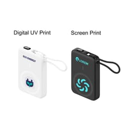 A compact 10000mAh magnetic wireless power bank in white and black with unique designs and a small attachment loop.