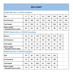 A size chart detailing measurements for unisex long sleeve shirts, including sizes for men, women, and kids.