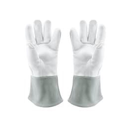 Heat resistant gloves in grey and white, featuring a long cuff and a logo on the surface.
