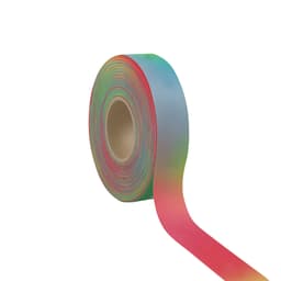 A roll of rainbow satin polyester ribbon in vibrant colours, displaying a gradient effect from red to green.