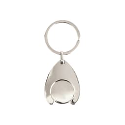 A silver teardrop-shaped trolley coin keyring featuring a round coin element and a keyring attachment.