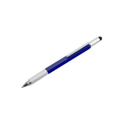 A blue multi-function pen with a silver clip and textured grip, featuring a black stylus tip.