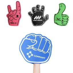 Four foam mitts in various colours: pink rock sign, black hand, green thumbs up, and blue fist, each featuring a logo.