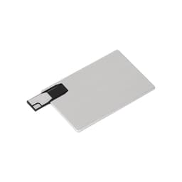 A sleek silver flash drive with a sliding connector and a minimalist design, featuring a logo.