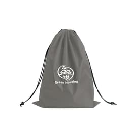 A grey travel laundry bag with a drawstring closure and a logo.