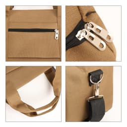 A khaki durable duffle bag featuring zippers, a side pocket, and a detachable strap. Includes a logo.