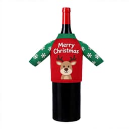 A drink bottle sleeve featuring a green and red Christmas-themed design with a reindeer and snowflakes.