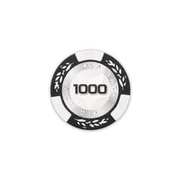 A round poker chip featuring a silver centre with a black and white outer ring, labelled "1000".