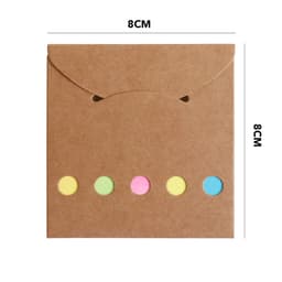 A brown envelope with five coloured round sticky notes attached at the front, measuring 8cm by 8cm.