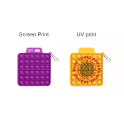 A purple and yellow square pop bubble board featuring different prints, with a clip attachment and branding.