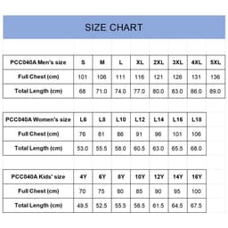 A size chart for the PCC040A singlet, featuring measurements for men's and women's sizes in centimetres.