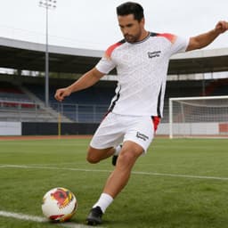 A male athlete in white and red polyester soccer shorts and matching shirt, kicking a soccer ball on a field.